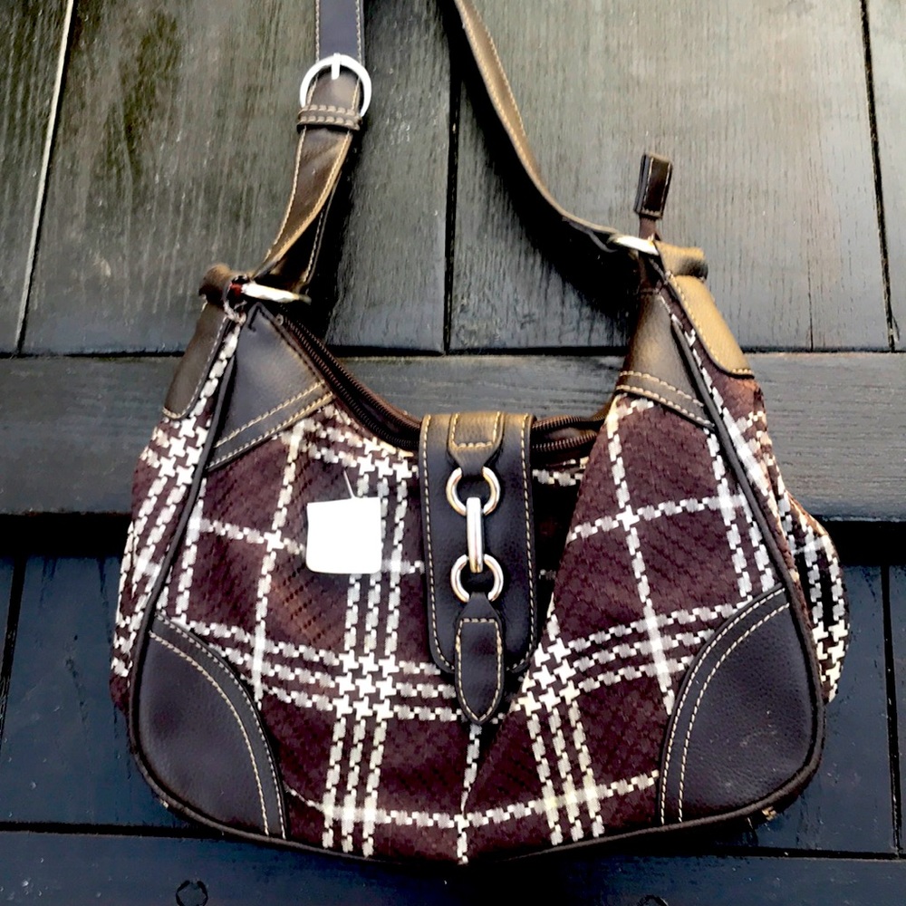 Brown and cream plaid Crofton barrel purse